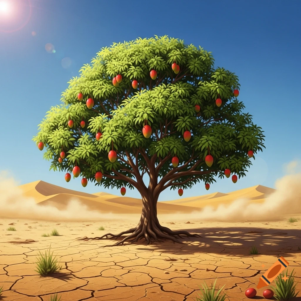 A vibrant mango tree with red mangoes stands in a dry, cracked desert landscape under a clear blue sky.