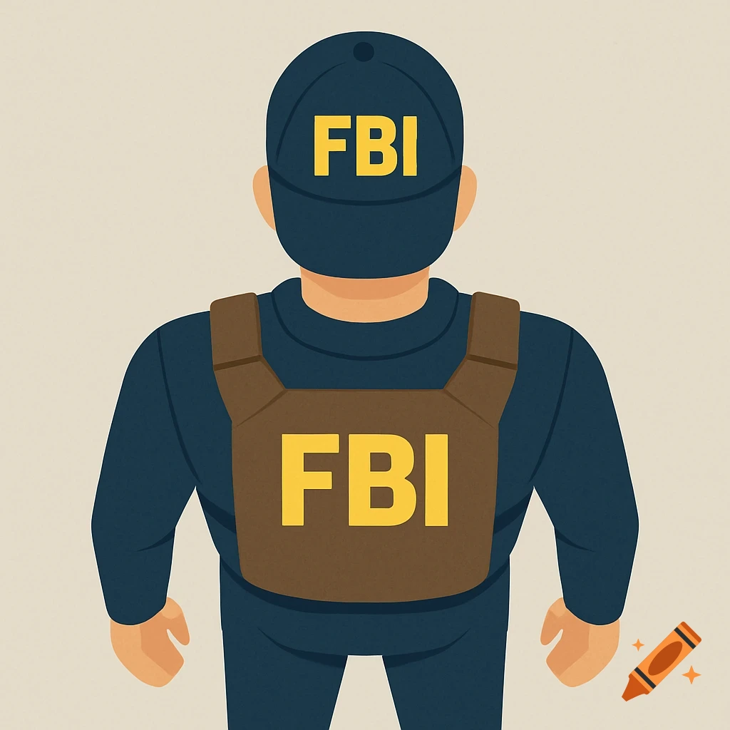Vector illustration of an FBI agent's back in navy uniform and brown vest, 'FBI' in yellow on cap and vest.
