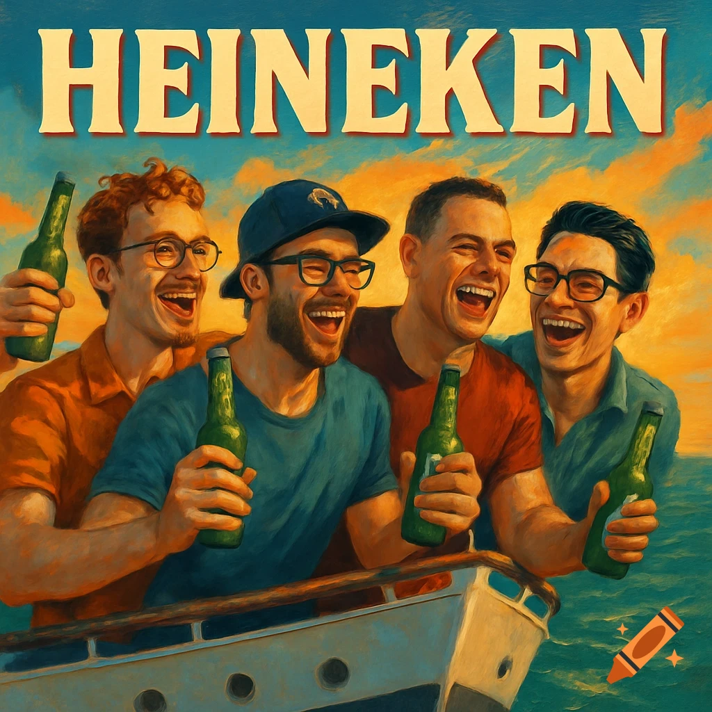 Four laughing male friends on a boat's bow, holding green beer bottles under the title HEINEKEN, in an illustrative style.
