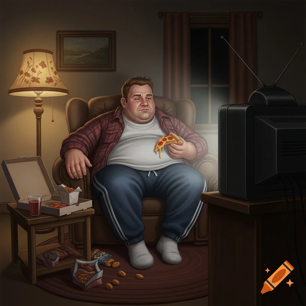 An illustration of a large man sitting in an armchair in a dimly lit room, eating pizza and watching an old TV.