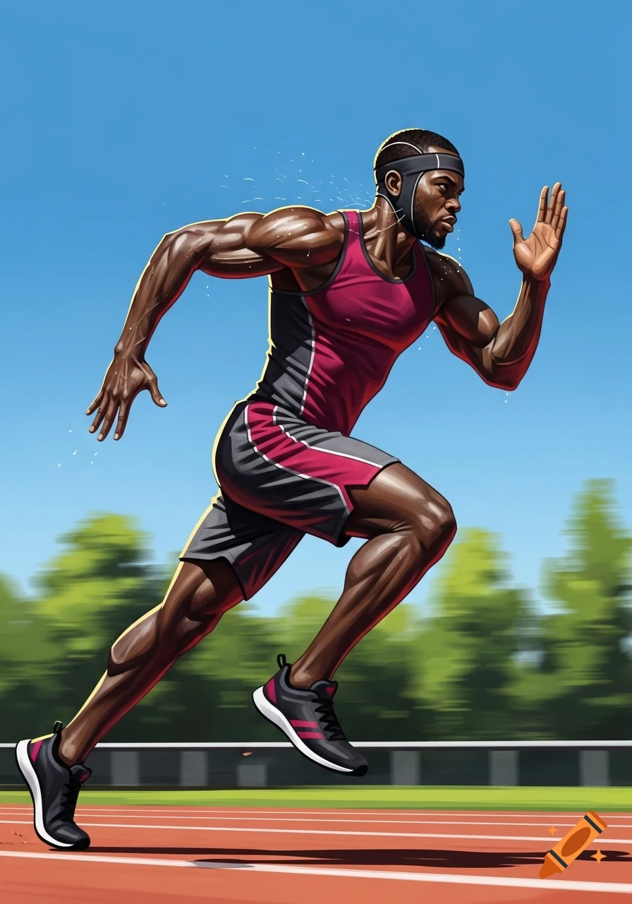 A muscular male athlete with dark skin runs powerfully on a red track under a clear blue sky, wearing a red and black uniform.