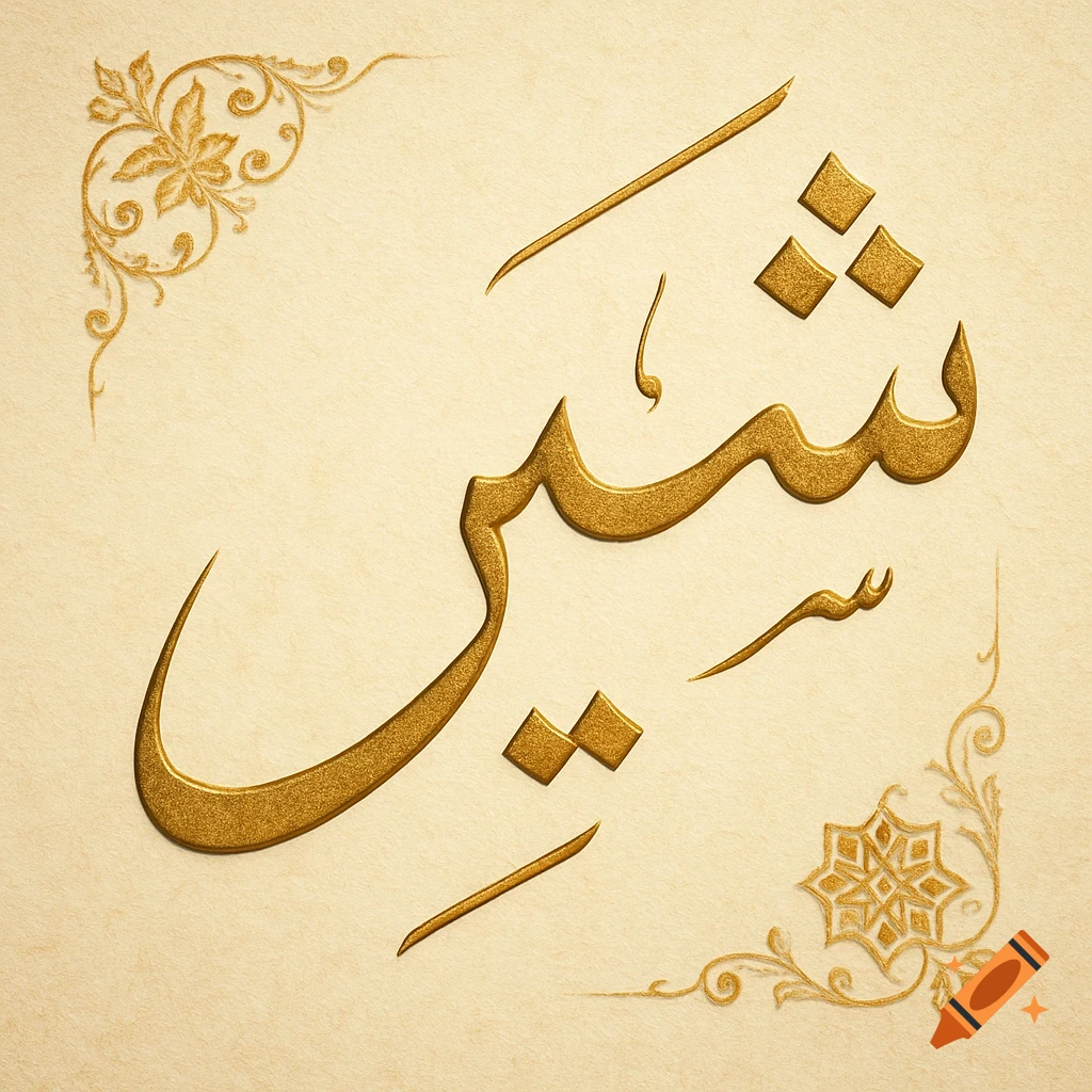 Gold-embossed Arabic calligraphy of the word "shir" (lion) with elegant floral corner motifs on a textured beige background.