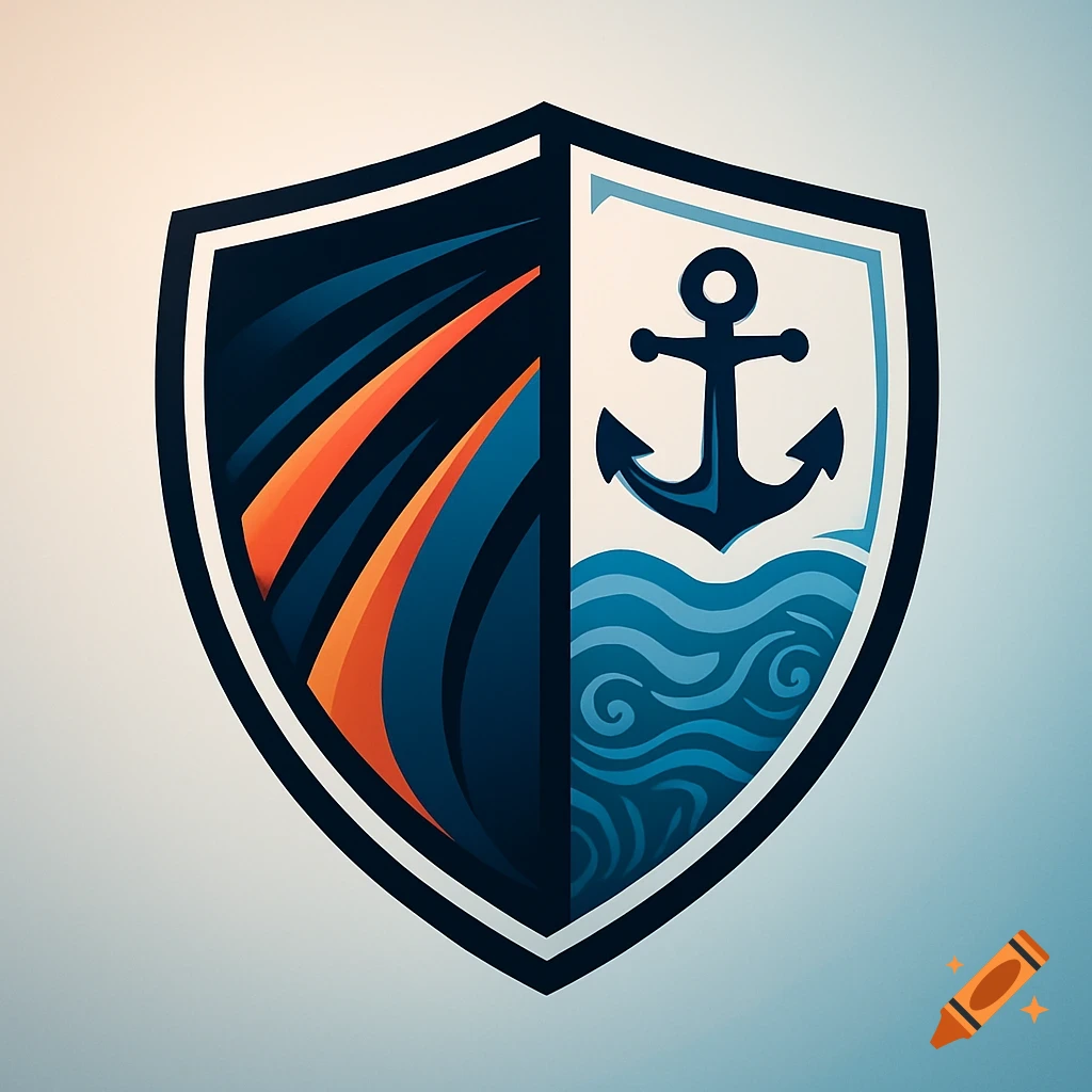 A stylized shield logo split vertically. The right side features a dark blue anchor above blue waves on white, while the left side has abstract orange and blue stripes.