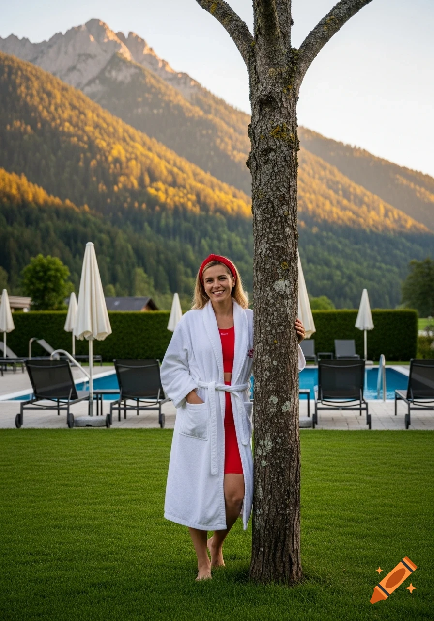 A smiling woman in a white bathrobe and red swimsuit stands barefoot by a tree at a hotel pool with mountains behind her.