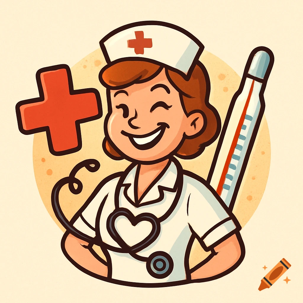 Cartoon illustration of a smiling nurse in uniform with a stethoscope, a red cross symbol, and a thermometer.