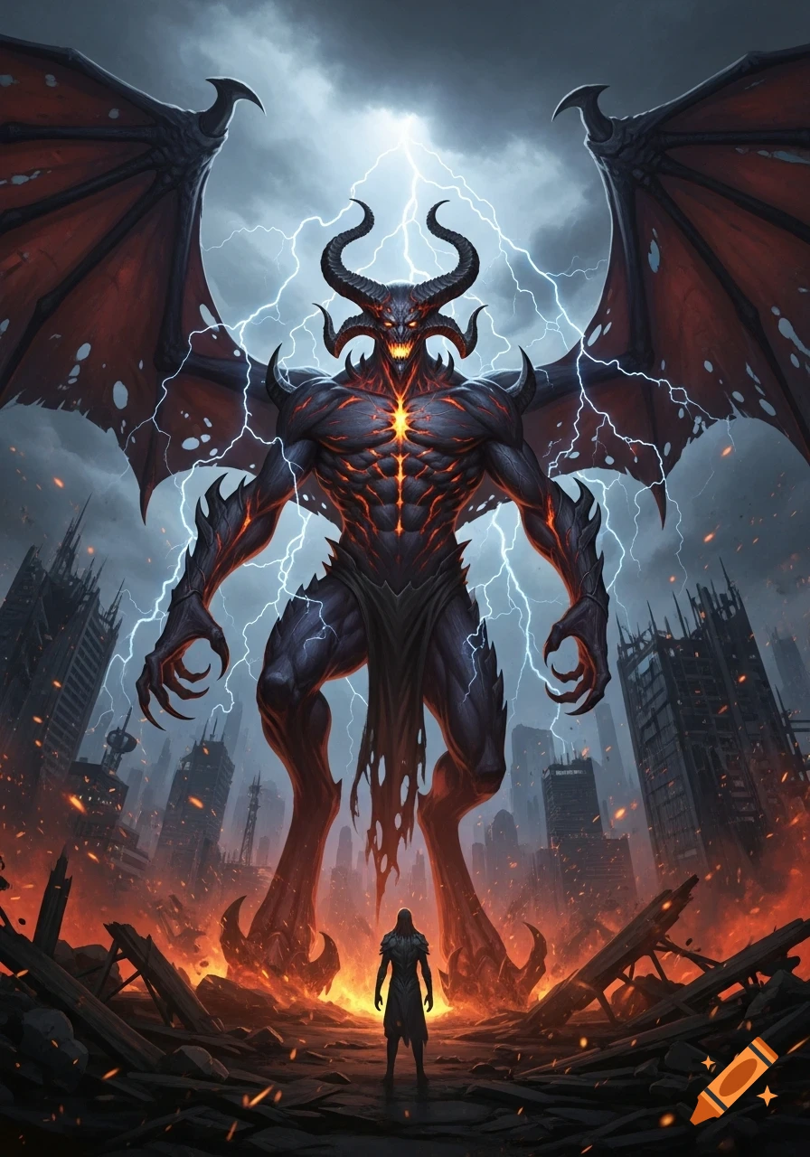 A colossal horned demon with glowing cracks on its body stands over a burning, ruined city, facing a small lone figure as lightning strikes.