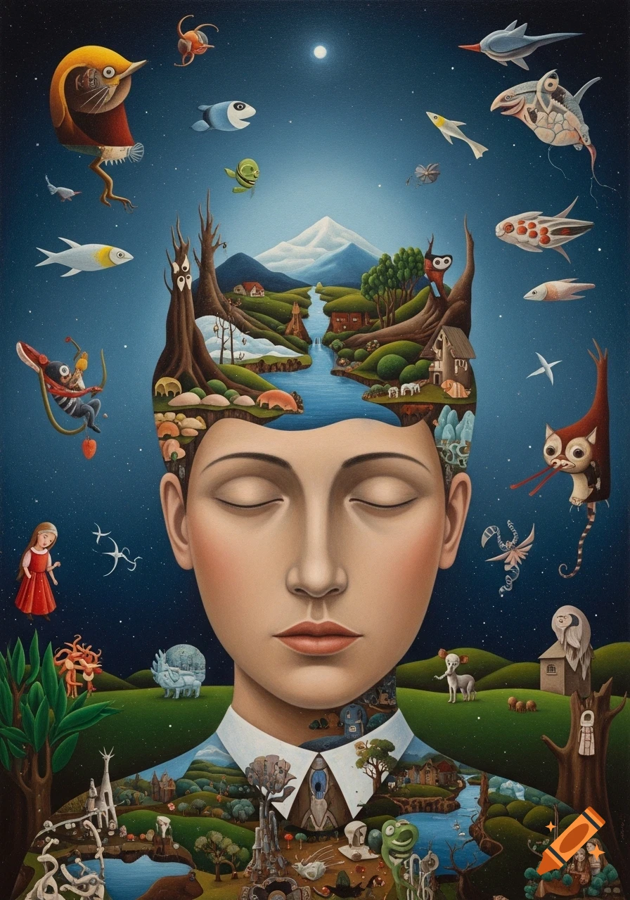 Surreal art of a person dreaming, with a landscape emerging from their head and neck, surrounded by fantastic creatures in a starry sky.