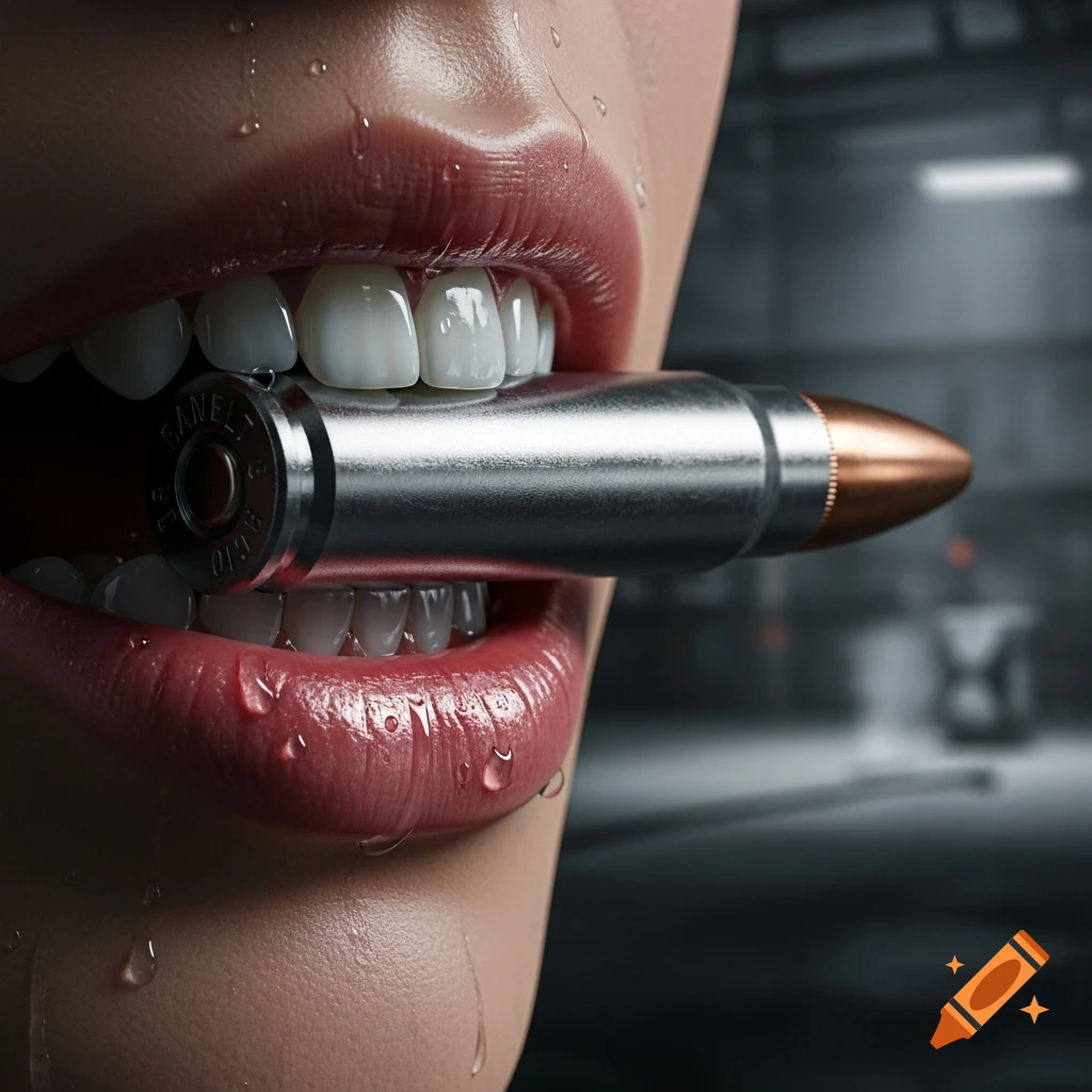 Close-up of a person's mouth with red lips and white teeth biting down on a metal bullet, with water droplets on the skin. The background is blurred.