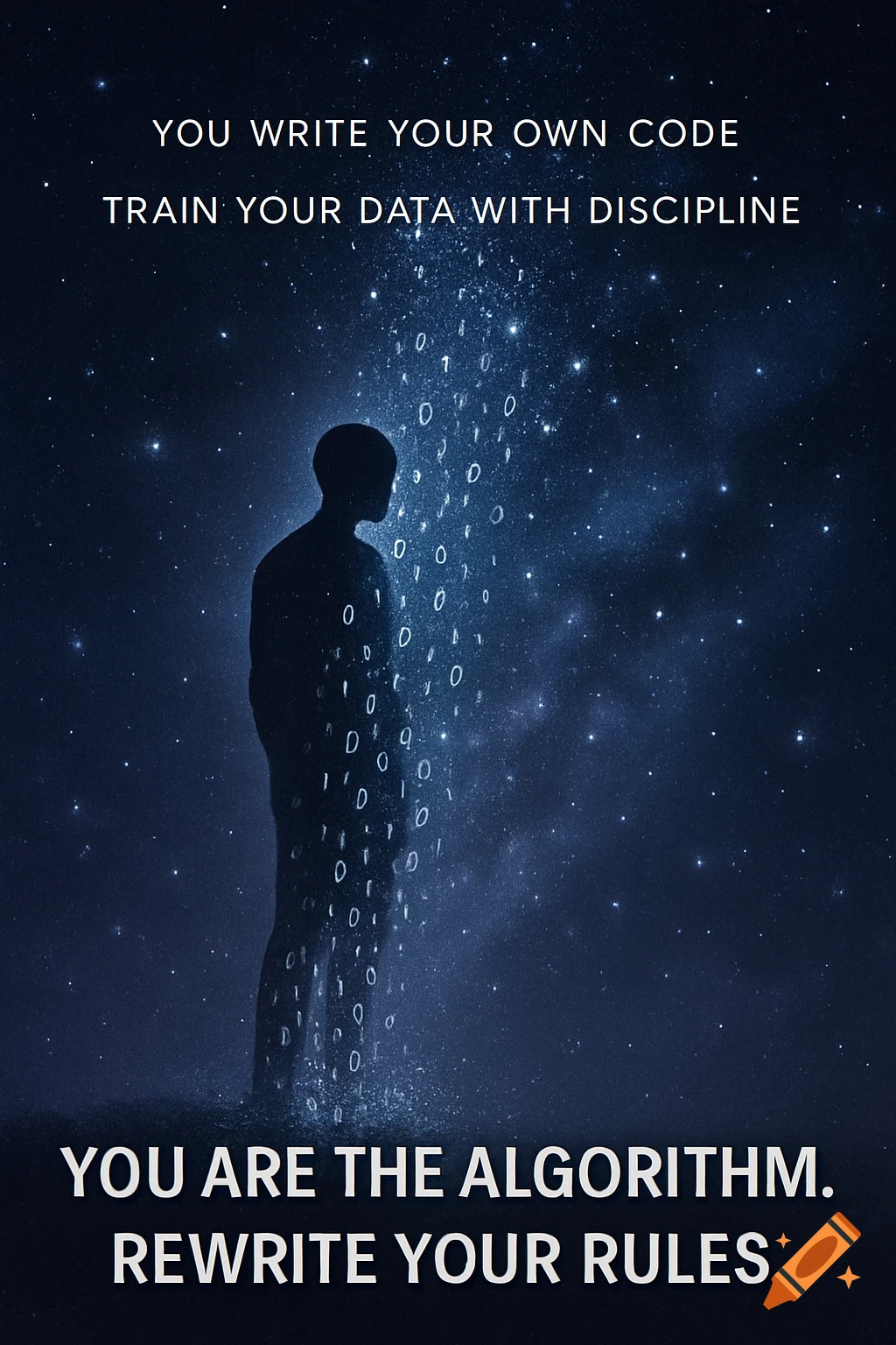 A silhouette of a person against a starry sky, with binary code rising from them. Motivational text about code, data, and algorithms.