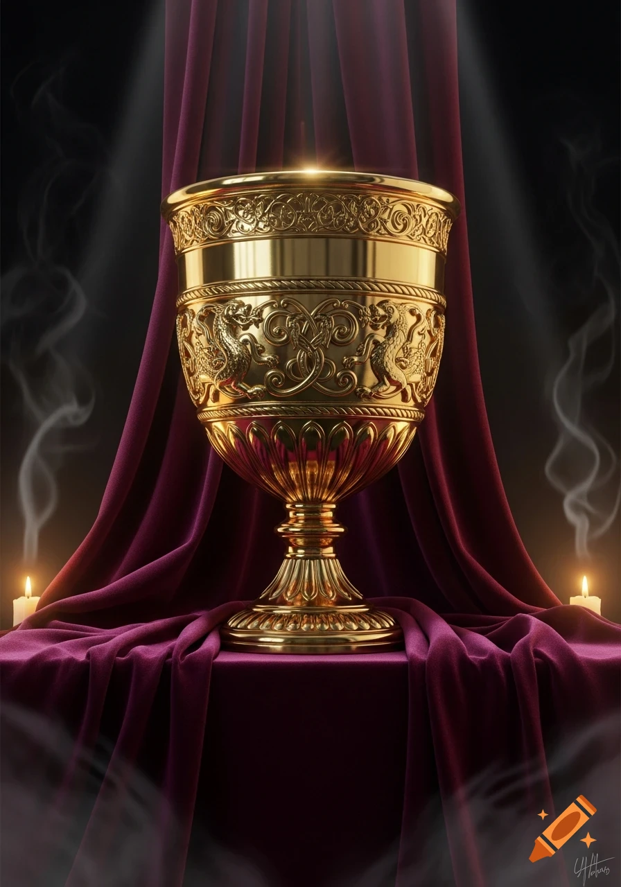 Ornate golden chalice on deep purple velvet cloth, flanked by lit candles with smoke rising, in a dramatic setting.