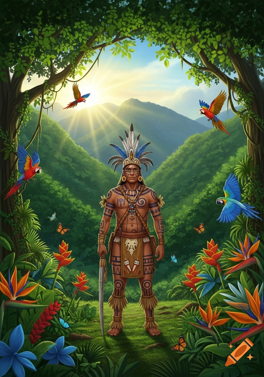 Vibrant illustration of an indigenous man in traditional attire and feather headdress, standing in a lush tropical jungle with parrots, butterflies, and a sunrise.