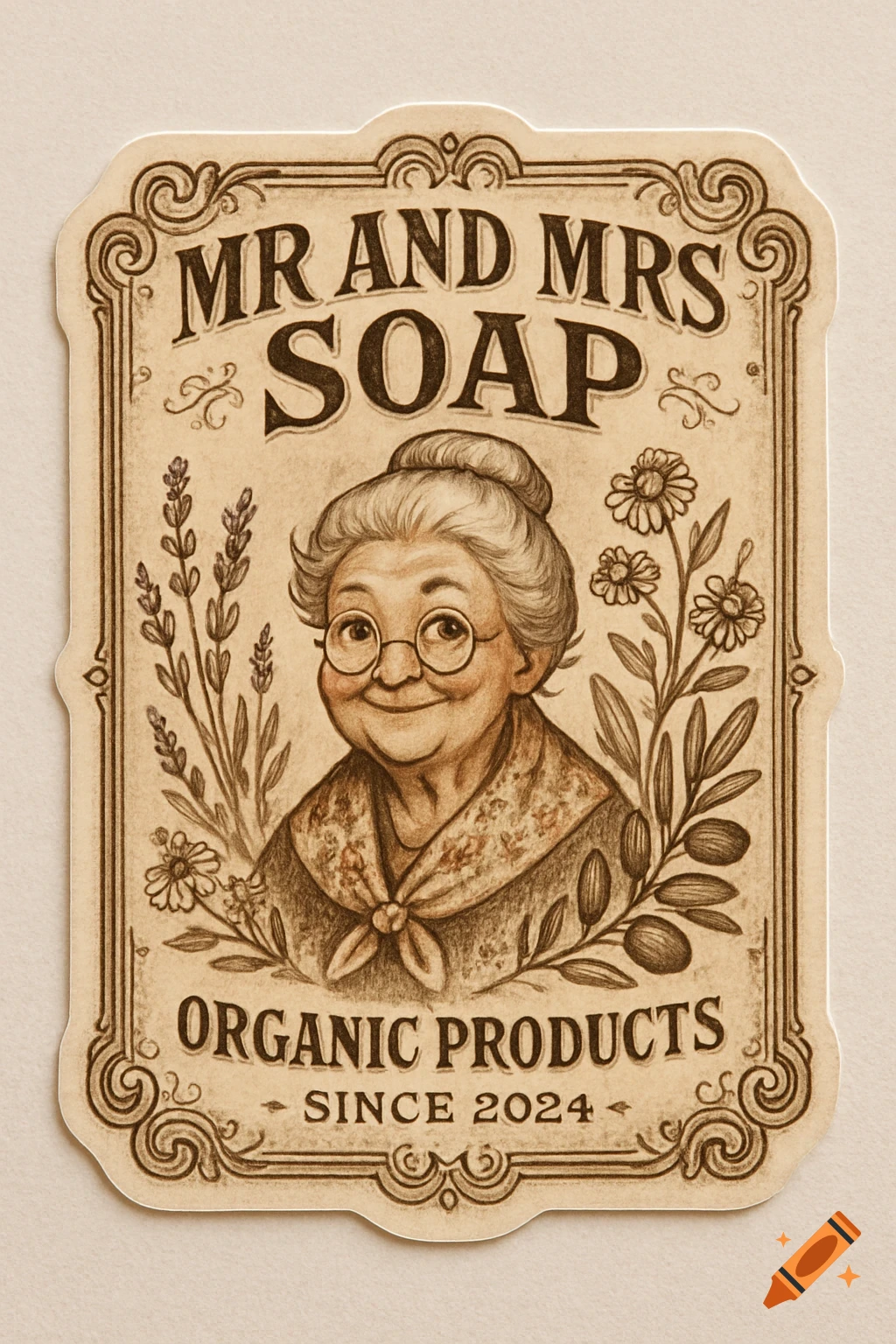 A vintage-style sticker label illustration of a smiling old lady, surrounded by flowers and text 'MR AND MRS SOAP ORGANIC PRODUCTS SINCE 2024'.