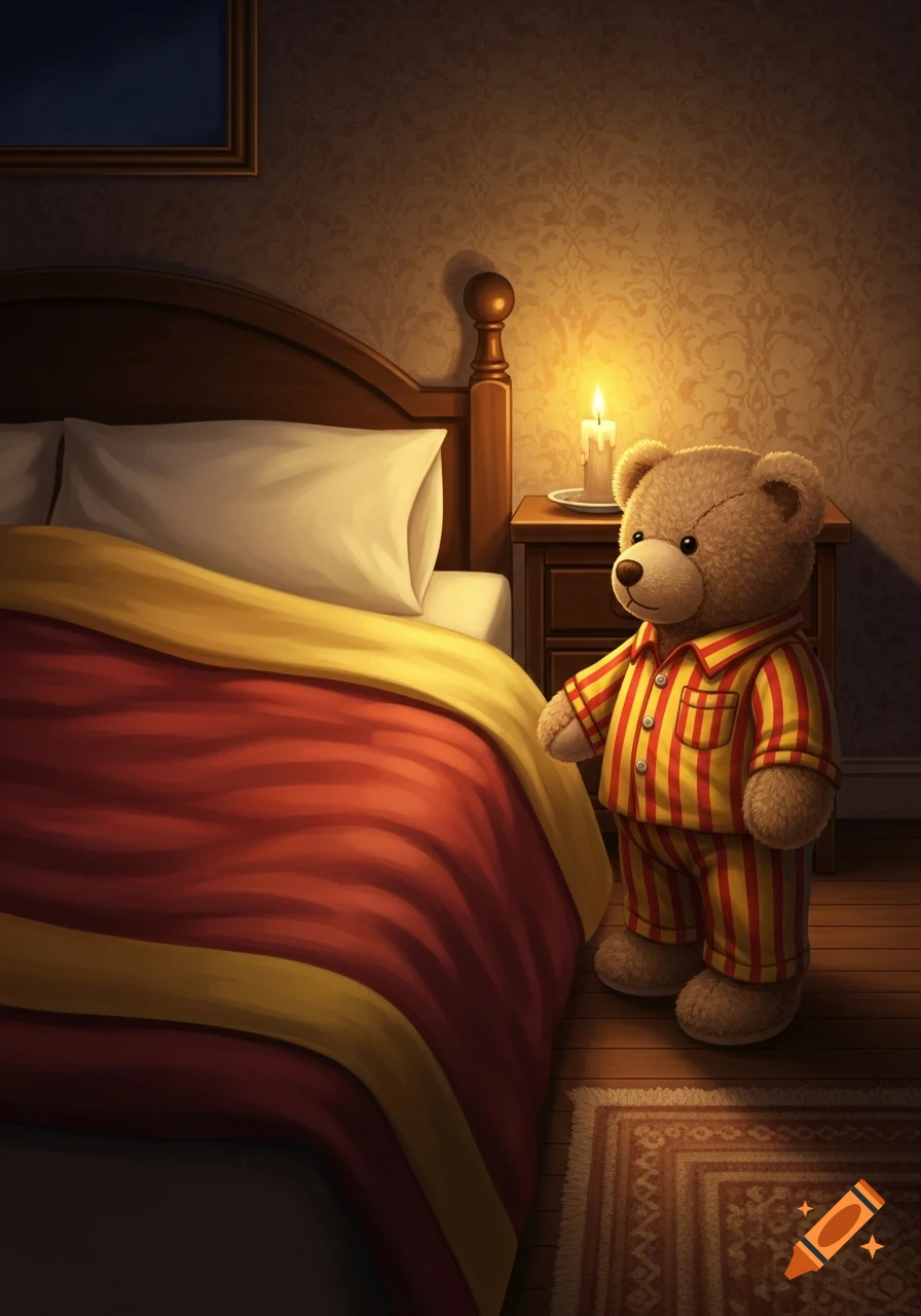 A fluffy teddy bear in red and yellow striped pajamas stands by a bed with a red and yellow duvet, lit by a candle on a nightstand.