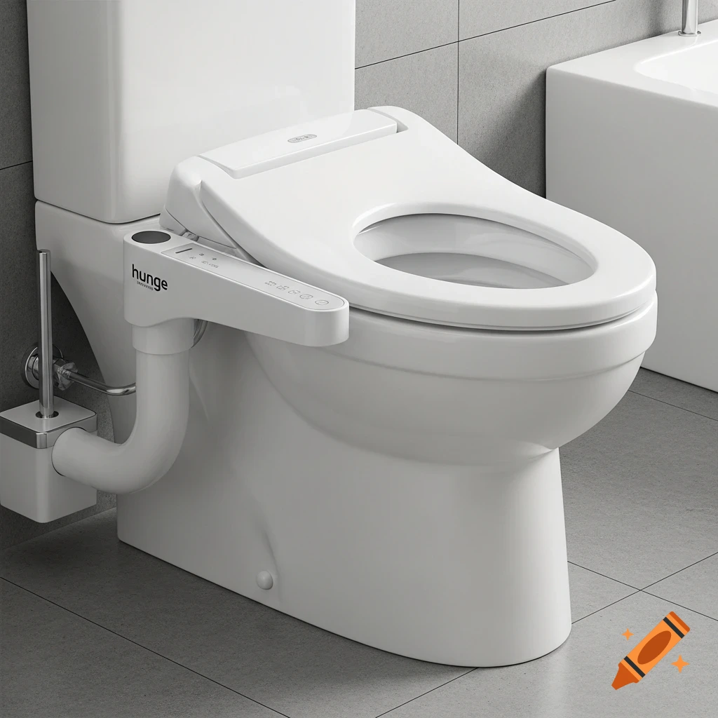 A modern white toilet with a bidet attachment in a clean, minimalist bathroom, photorealistic.