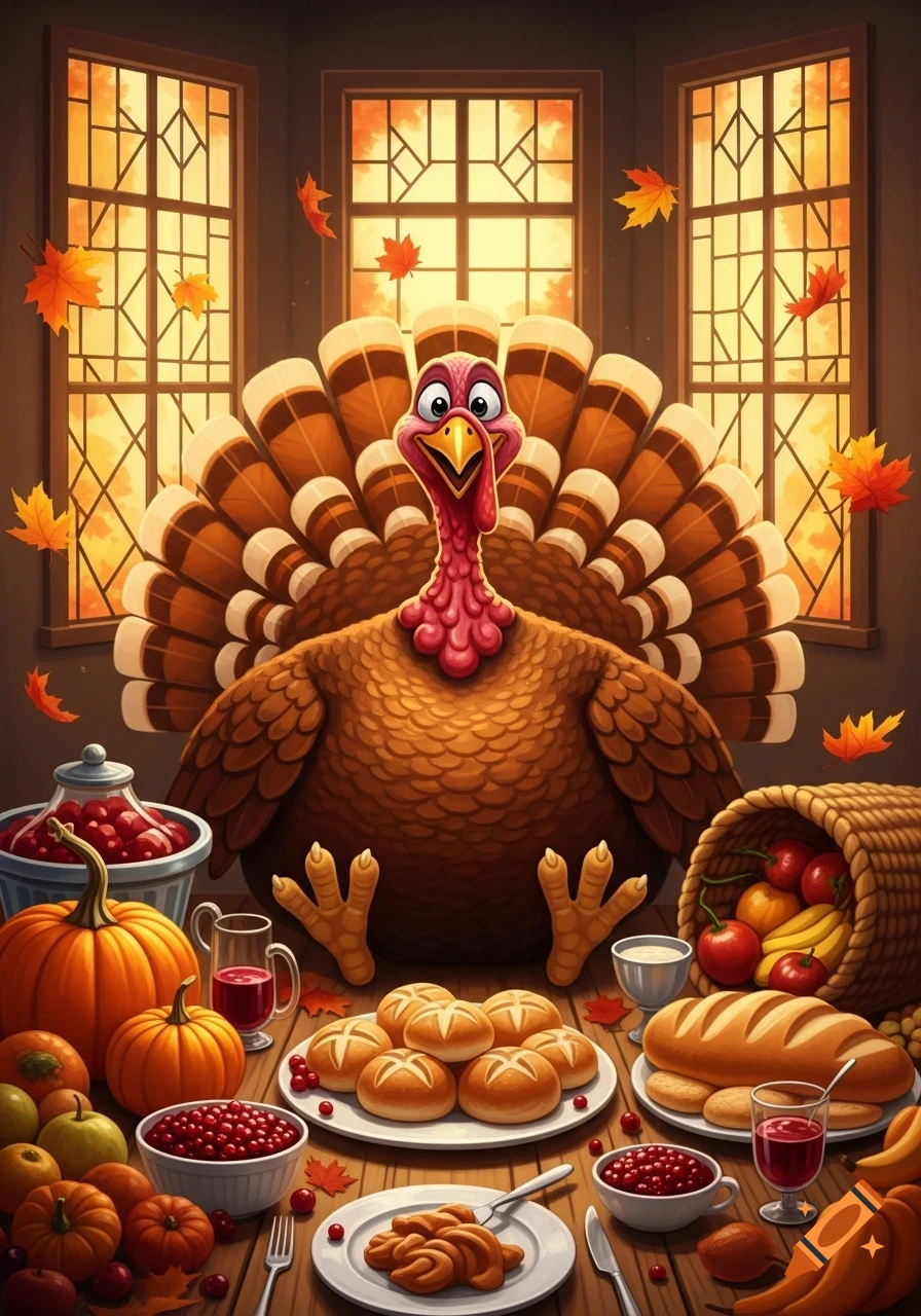A cheerful cartoon turkey sits at a feast table overflowing with Thanksgiving foods like pumpkins, bread, and cranberries, with autumn leaves falling outside warm windowpanes. Illustrative style.