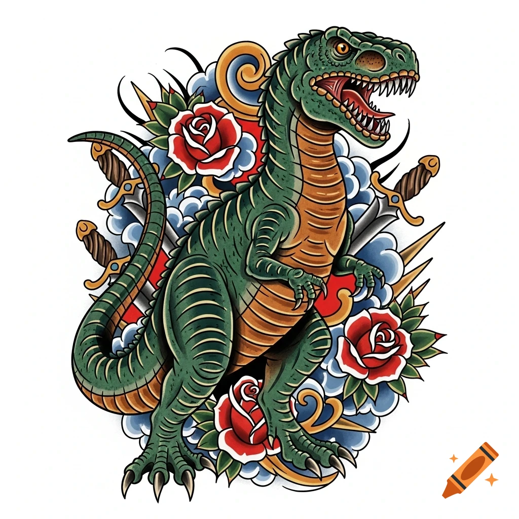 A green Tyrannosaurus Rex in traditional tattoo style, surrounded by red roses, daggers, and blue clouds.
