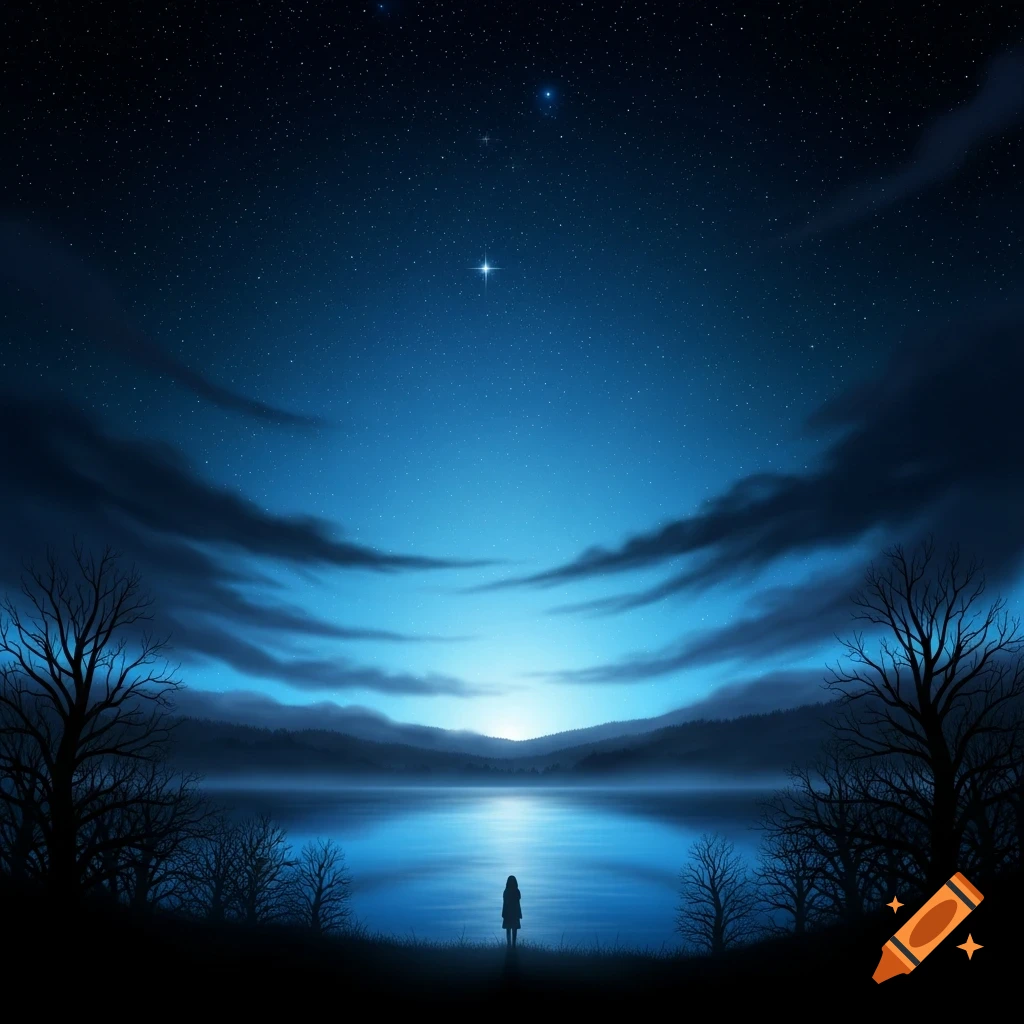 A lone figure stands on a dark shore, looking out at a serene lake reflecting a starry night sky with a bright star.