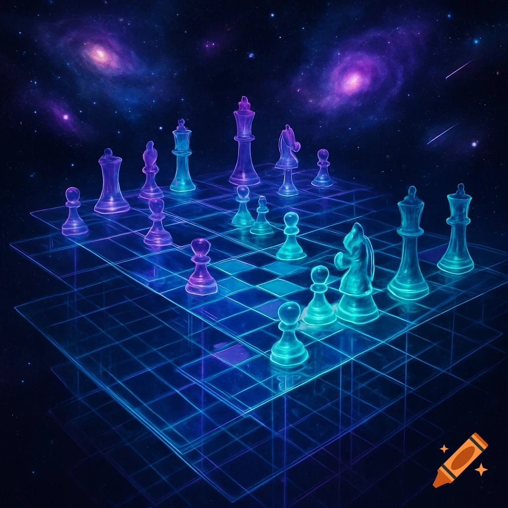 A multi-layered, glowing chess board with translucent pieces set against a vibrant cosmic background with galaxies.