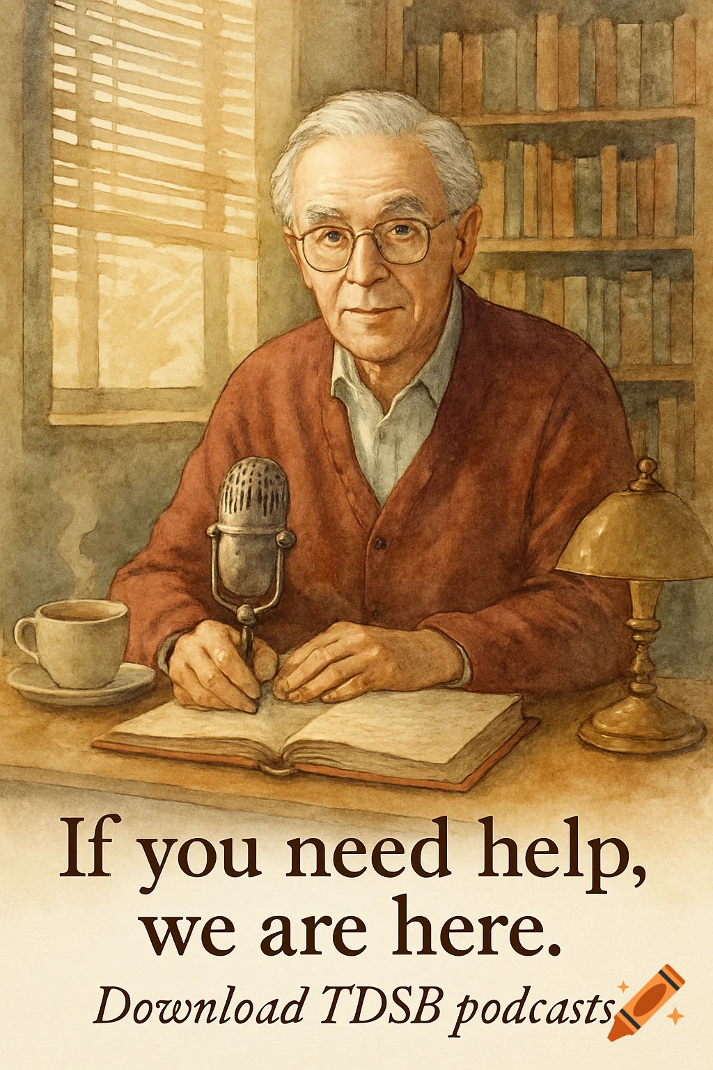 Watercolor portrait of an academic with glasses sitting at a desk with a microphone, coffee, and a book, captioned 'If you need help, we are here. Download TDSB podcasts.'