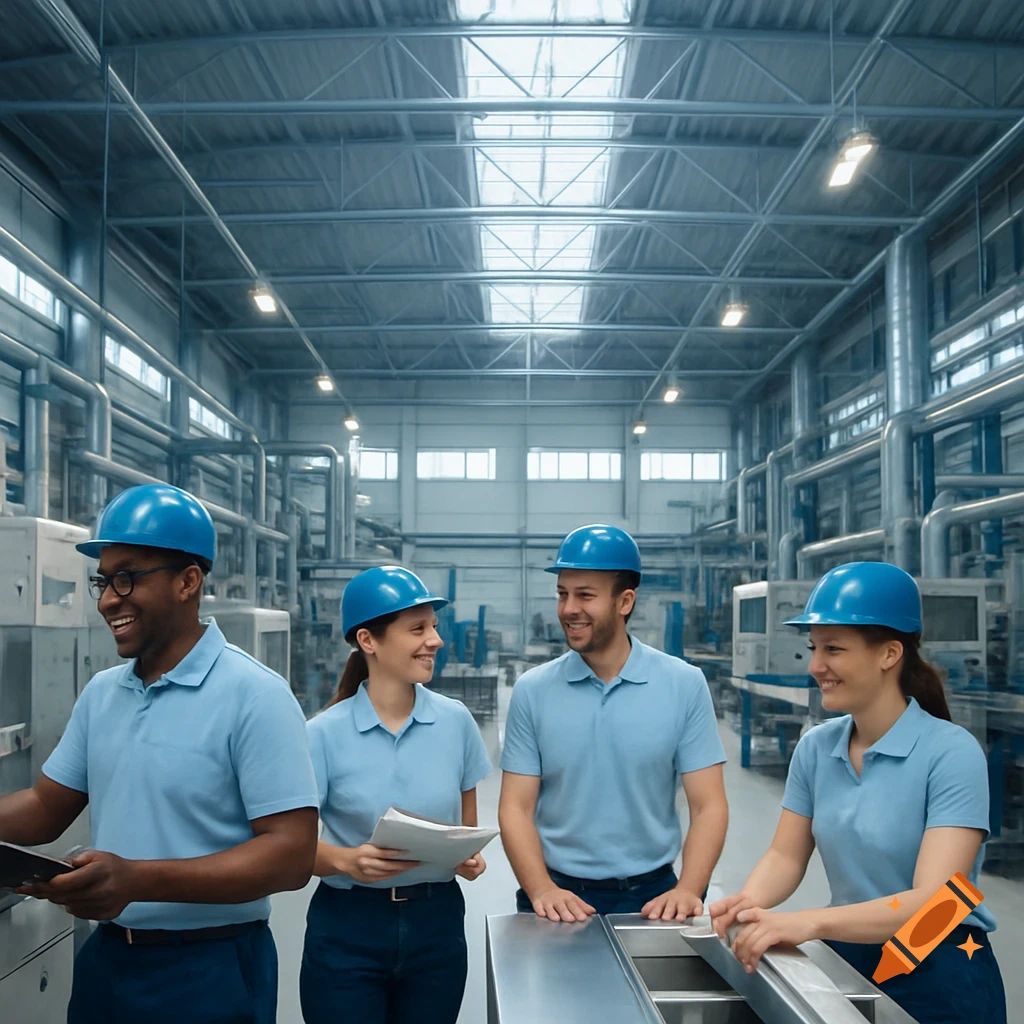 Four diverse workers in blue uniforms and hard hats smile while collaborating in a clean, brightly lit factory.