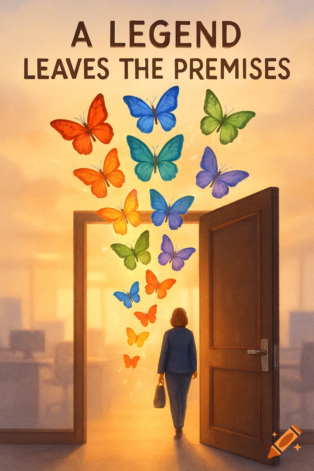 A person walks into a bright doorway as colorful butterflies emerge, with 'A LEGEND LEAVES THE PREMISES' text above. Stylized art.