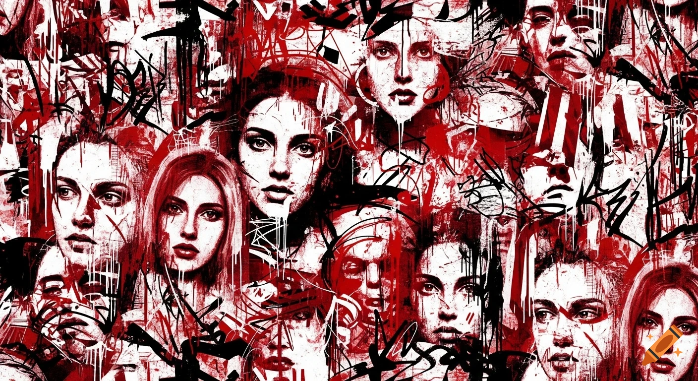 Chaotic graffiti art with multiple stylized faces in red, white, and black tones.