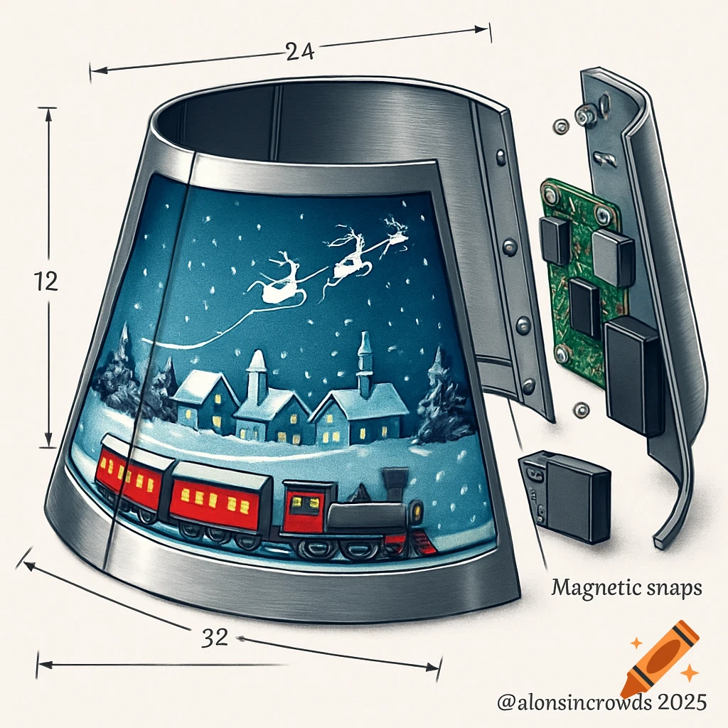 A CAD exploded view of a tapered metal Christmas tree collar with a digital winter scene inside and electronic components on the back, labeled with dimensions.