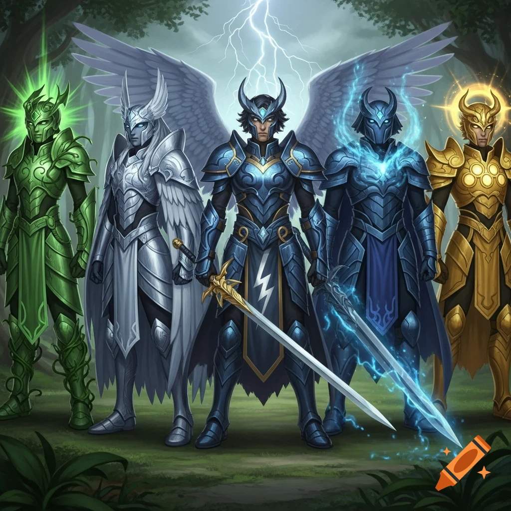 Five armored fantasy warriors stand in a forest, each with distinct color-themed armor in green, silver, blue, and gold, with lightning above.