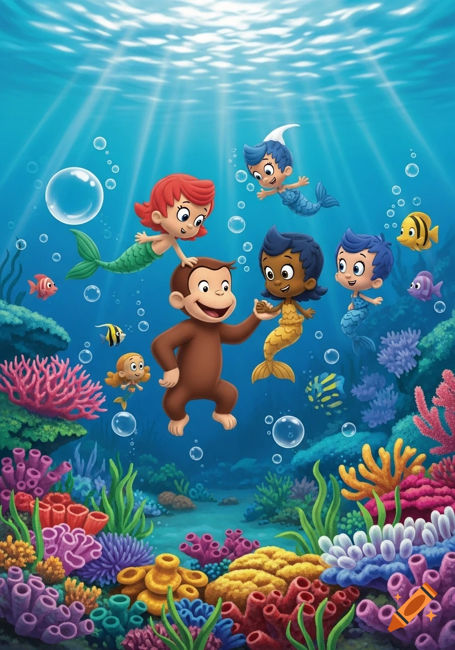 Cartoon Curious George swims with several Bubble Guppies mermaids and mermen in a vibrant coral reef.