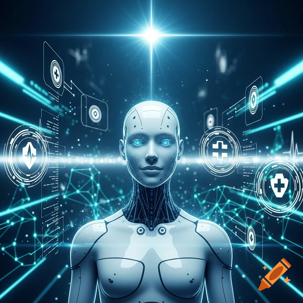 Futuristic humanoid AI robot with glowing blue eyes amidst blue data streams and medical symbols, representing healthcare technology.