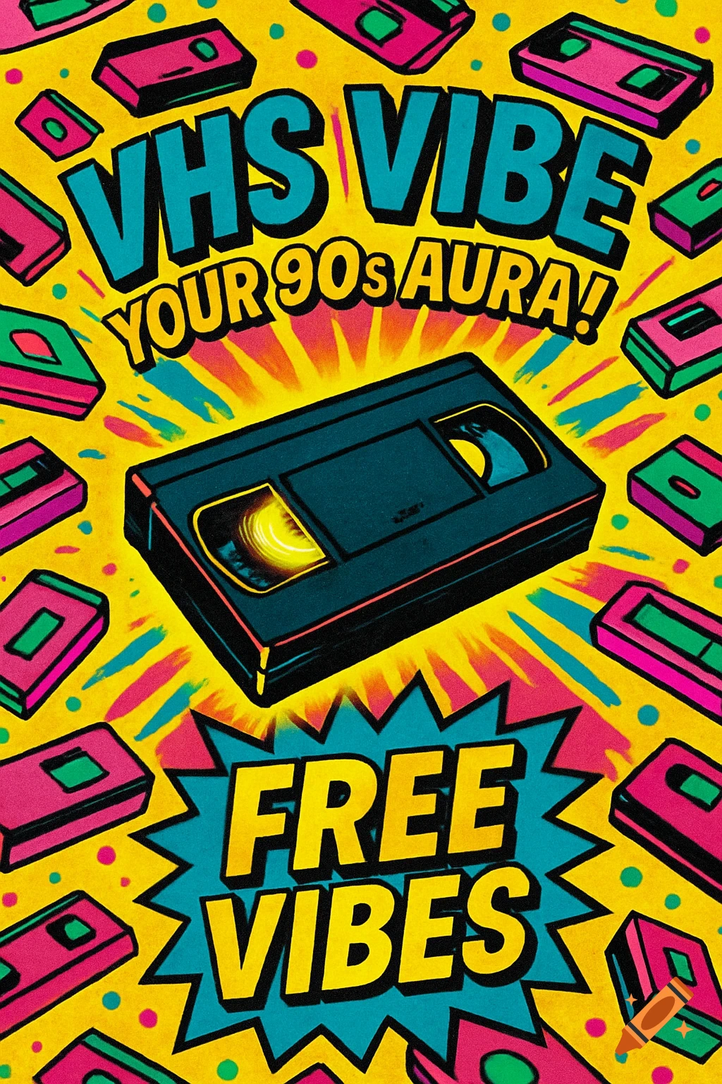 Vibrant 90s pop art flyer with a central VHS tape, text "VHS VIBE YOUR 90s AURA!" and "FREE VIBES," and scattered VHS tapes.