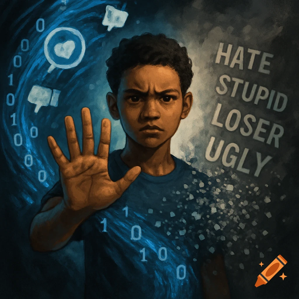 Illustration of a young boy holding a stop hand against cyberbullying words like 'HATE', 'STUPID', 'LOSER', 'UGLY' and binary code.