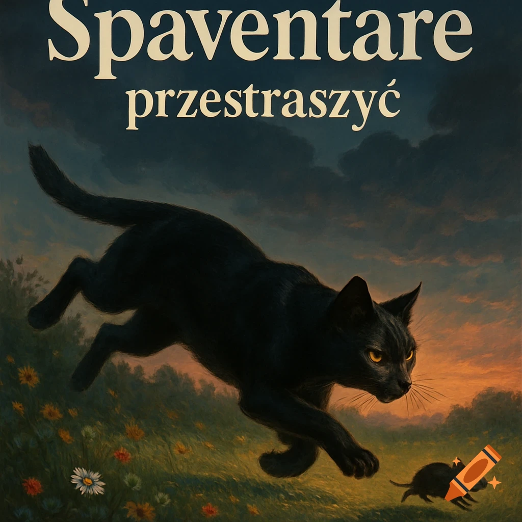 A black cat with yellow eyes leaps through a wildflower field at sunset, chasing a small mouse. Text reads "Spaventare" and "przestraszyć".
