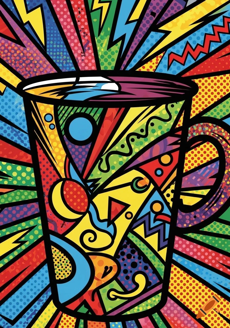 A colorful pop art illustration of a cup, featuring bold black outlines, abstract geometric shapes, dots, zigzags, and lightning bolts.