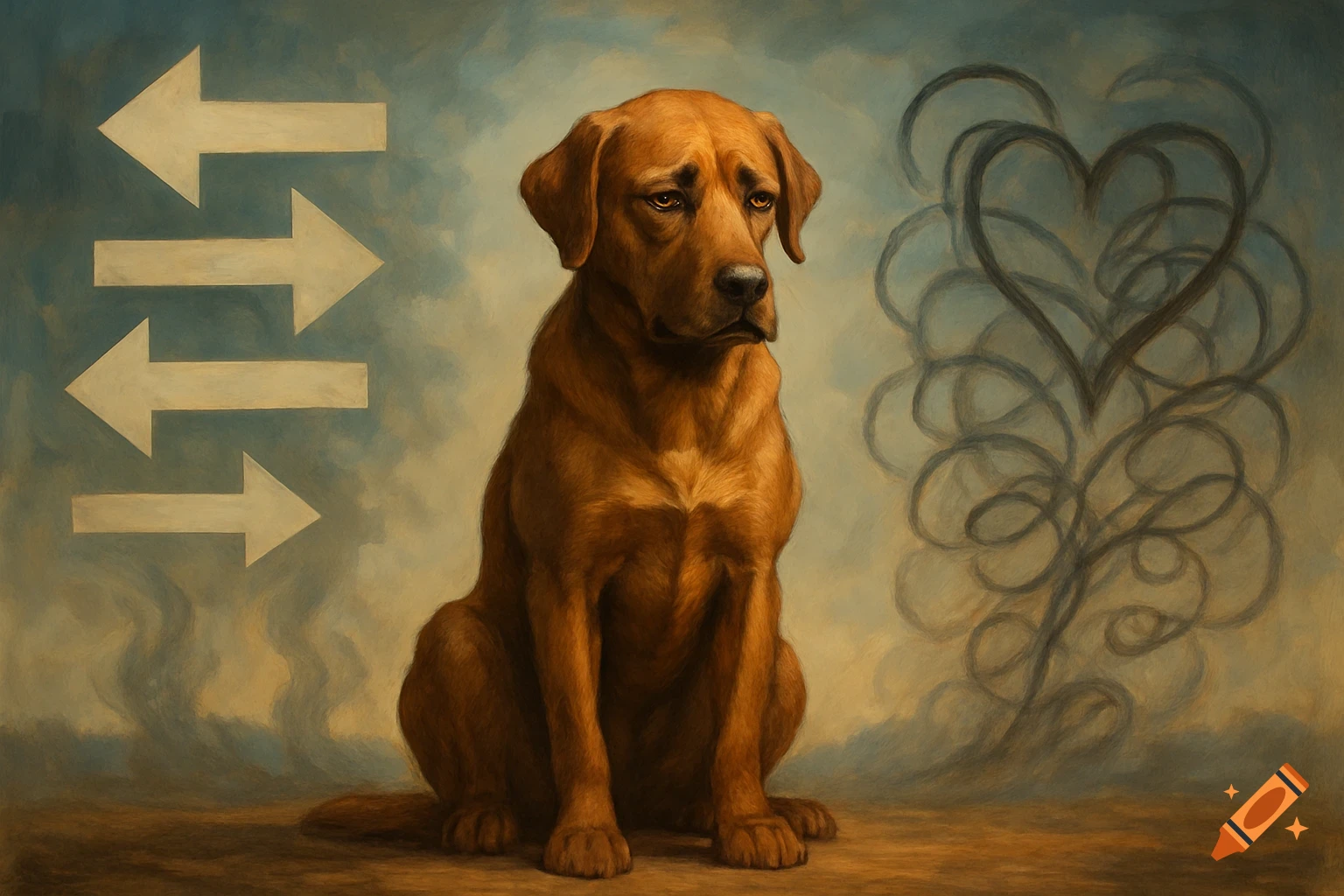 A sad, brown dog sits in a painterly style, with white arrows pointing left and a smoky heart shape on the right.