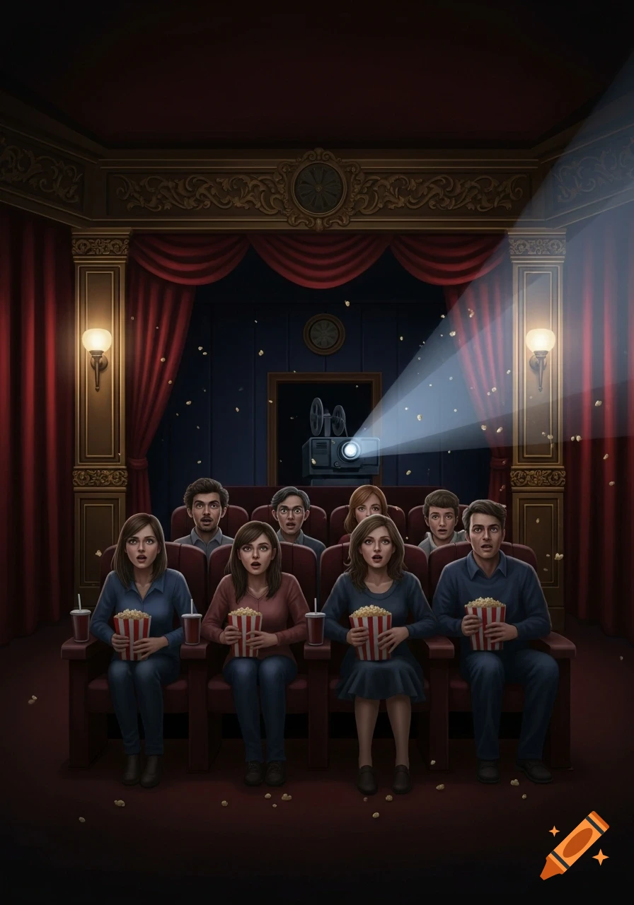 Scared audience watching a horror movie in a dark, ornate cinema with a projector beam and popcorn flying. Illustration.