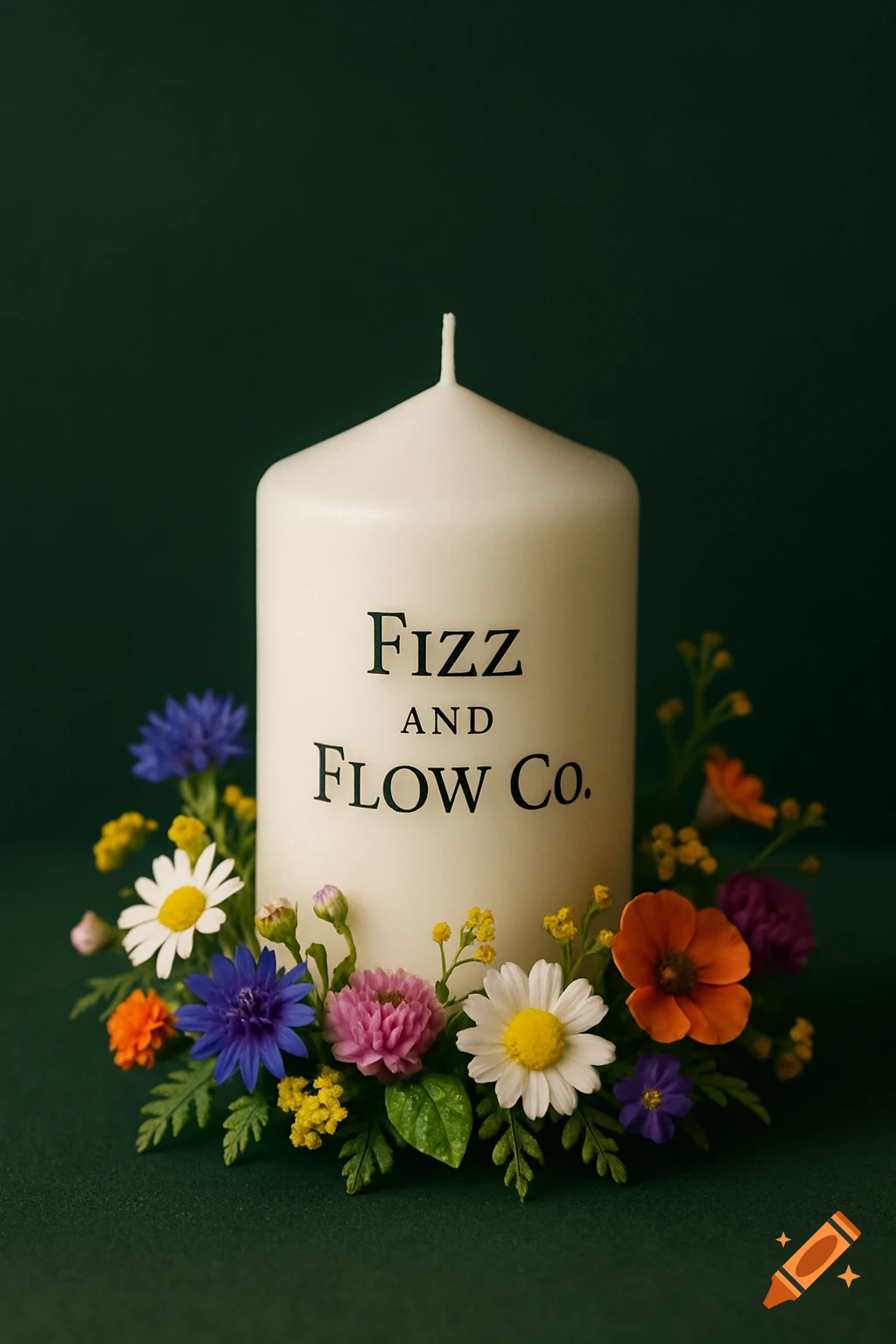 A white unlit candle with 'Fizz AND FLOW Co.' surrounded by colorful flowers on a forest green background, photorealistic style.