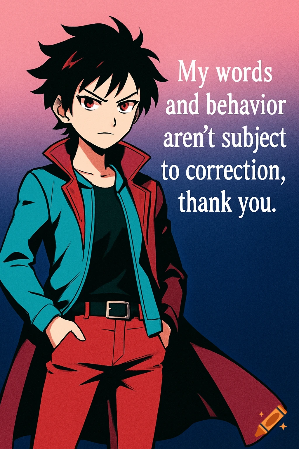 Anime boy with spiky black hair, red eyes, and a teal and red jacket, hands in pockets, with a quote next to him.