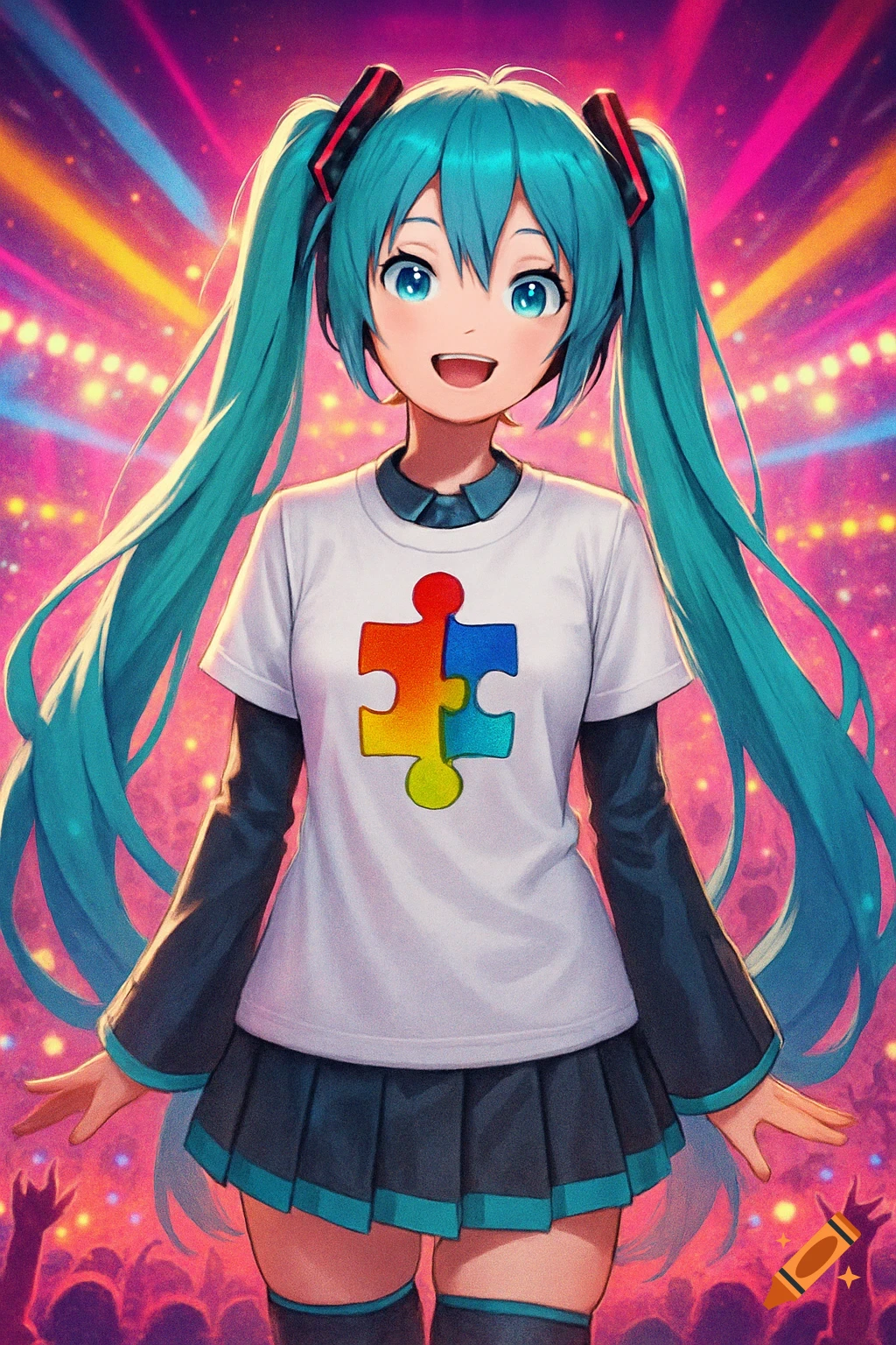 Hatsune Miku in a white autism awareness puzzle piece t-shirt, smiling at a vibrant concert.