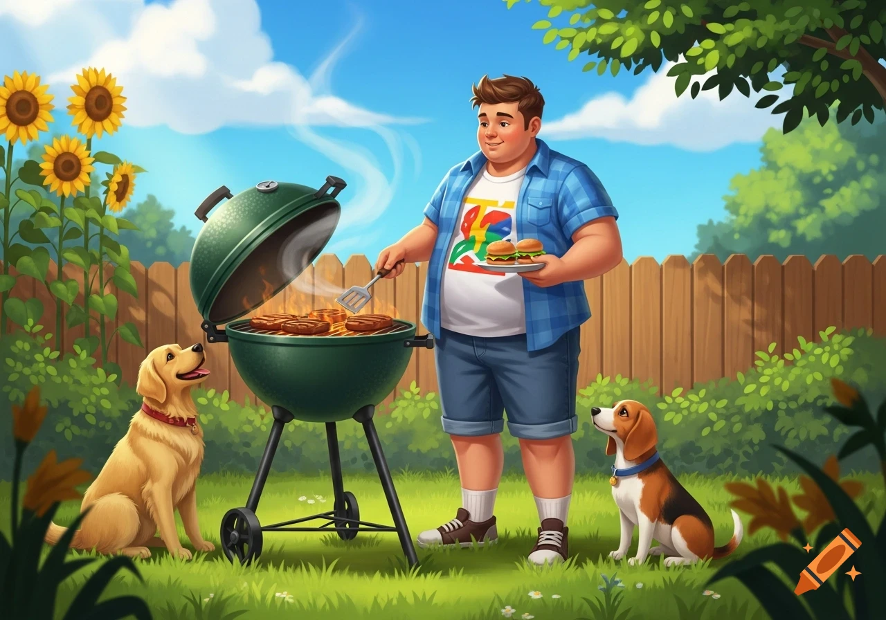 A cartoon man grills burgers on a green grill in a sunny backyard while two dogs watch expectantly.