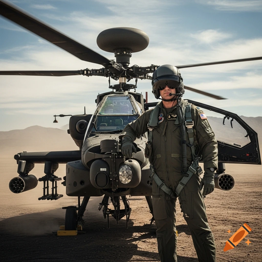 Photorealistic image of a US Army Apache pilot in a flight suit standing in front of an Apache helicopter in a desert.
