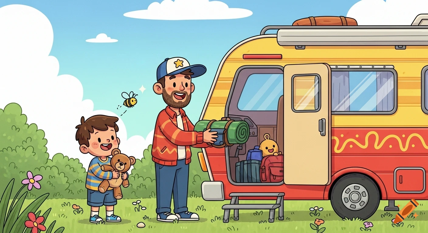A cheerful 2D whimsical cartoon scene of a dad loading camping gear into an RV, while his son stands nearby holding a teddy bear.