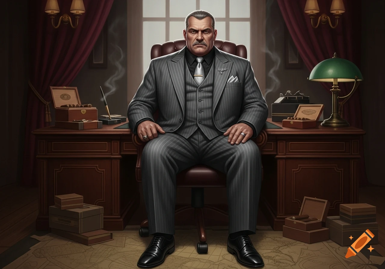 A stern, heavy-set man in a gray pinstripe three-piece suit sits at a large wooden desk in a dark, luxurious office.