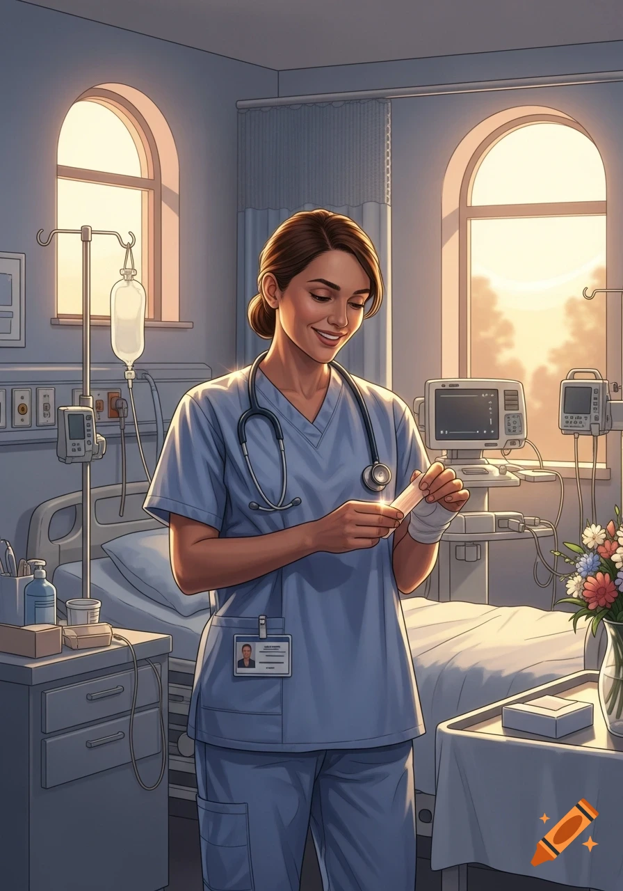 A smiling nurse in blue scrubs holds an item in a bright hospital room with arched windows, stylized illustration.