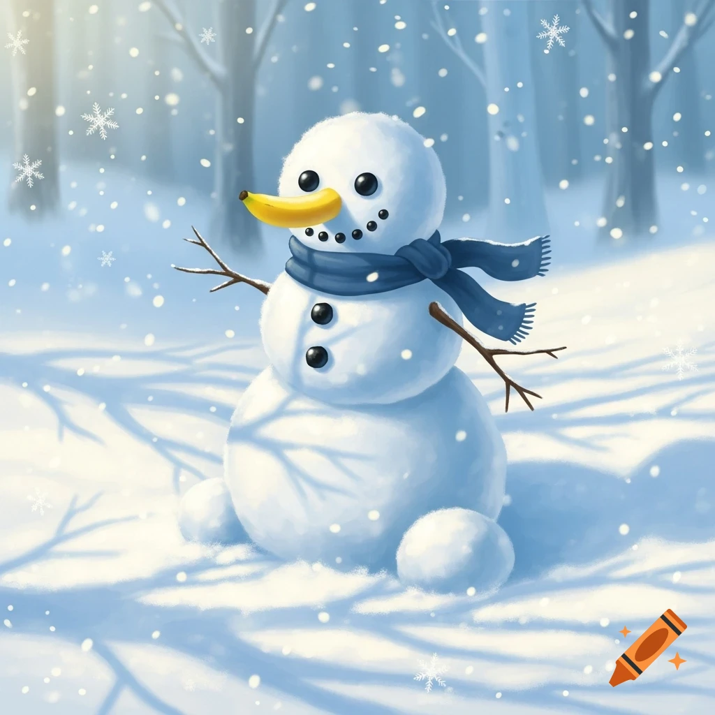 A cute illustrated snowman with a banana nose, blue scarf, and twig arms sits in a snowy forest with falling snowflakes.