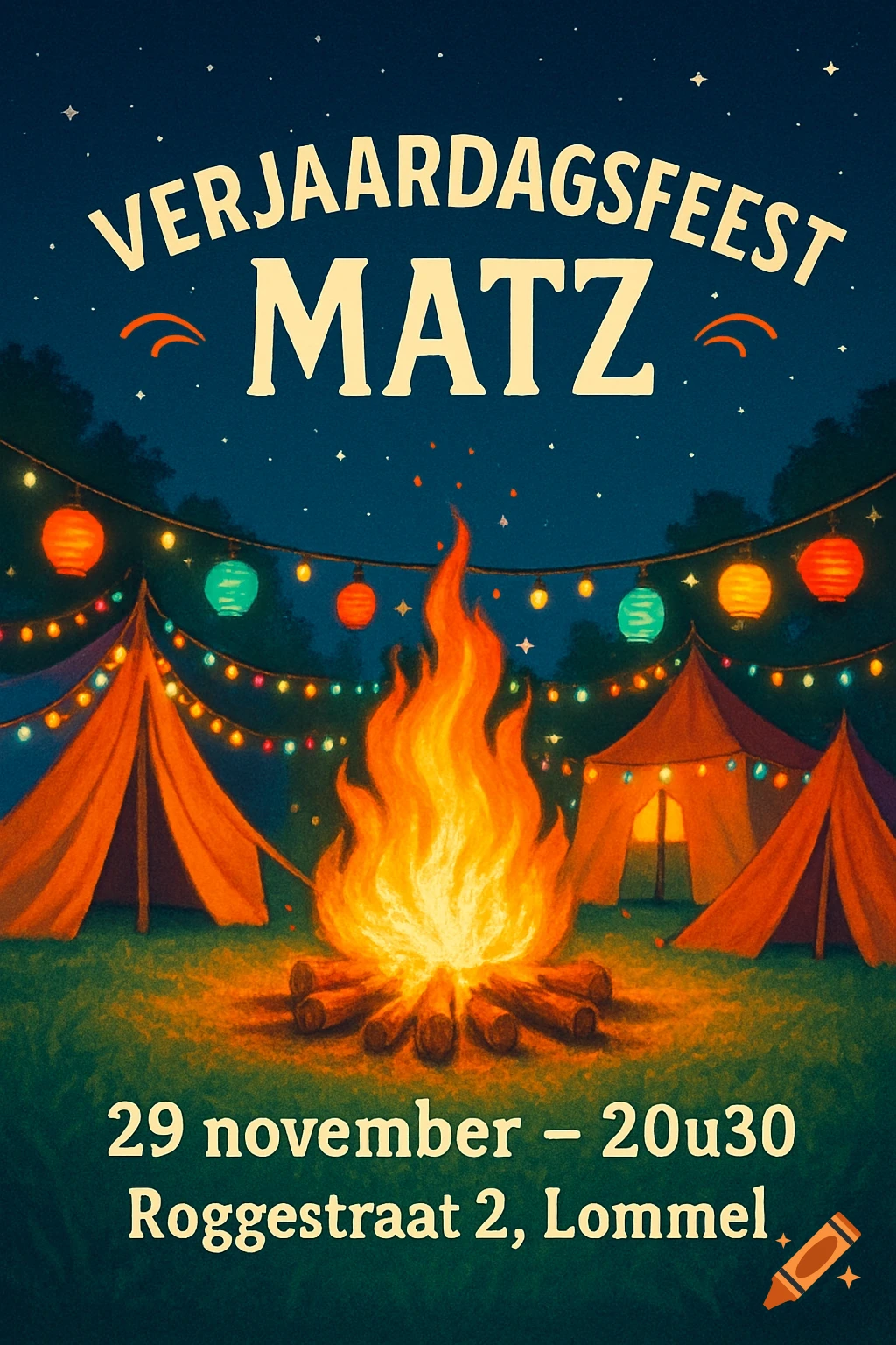 Colorful, illustrative birthday invitation poster for 'Verjaardagsfeest Matz' with a campfire, tents, and string lights under a starry night sky.