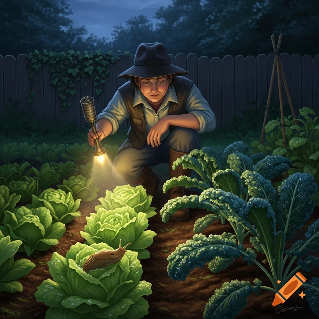 A person in a hat and vest crouches in a moonlit vegetable garden, shining a flashlight on a slug on a lettuce head.