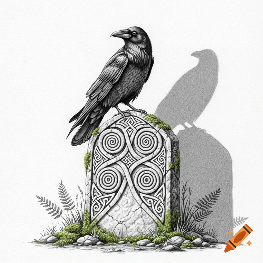 A detailed black and white pencil sketch of a raven perched on a moss-covered celtic stone, with a subtle shadow.