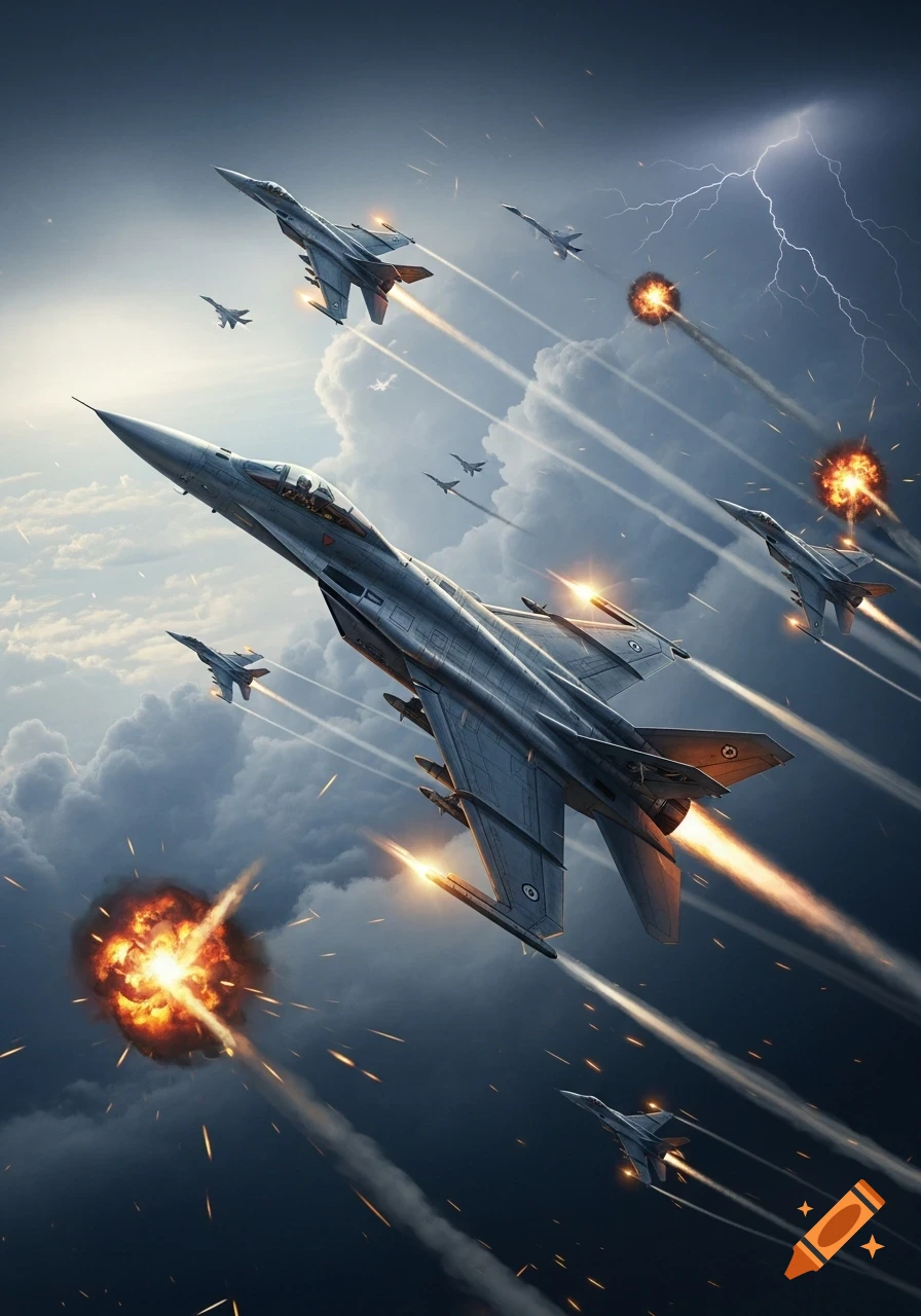 Multiple military jets engage in an aerial dogfight amidst explosions and lightning in a stormy sky.