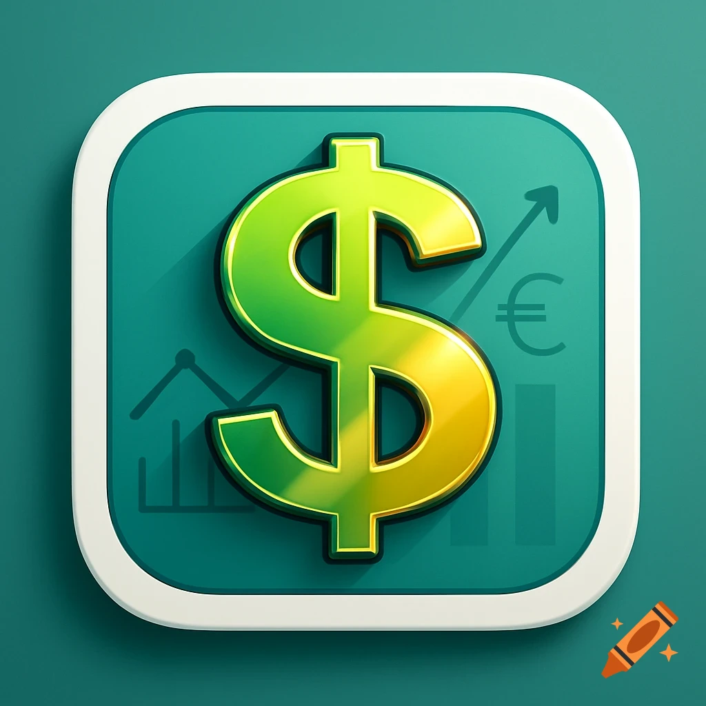 Glossy green and yellow dollar sign app icon on a teal background with financial graphs.
